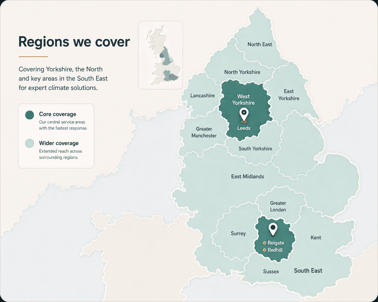 Map of the regions Total Climate Systems covers: core coverage in West Yorkshire around Leeds and in the South East around Reigate and Redhill, with wider coverage across Yorkshire, the North and the South East.